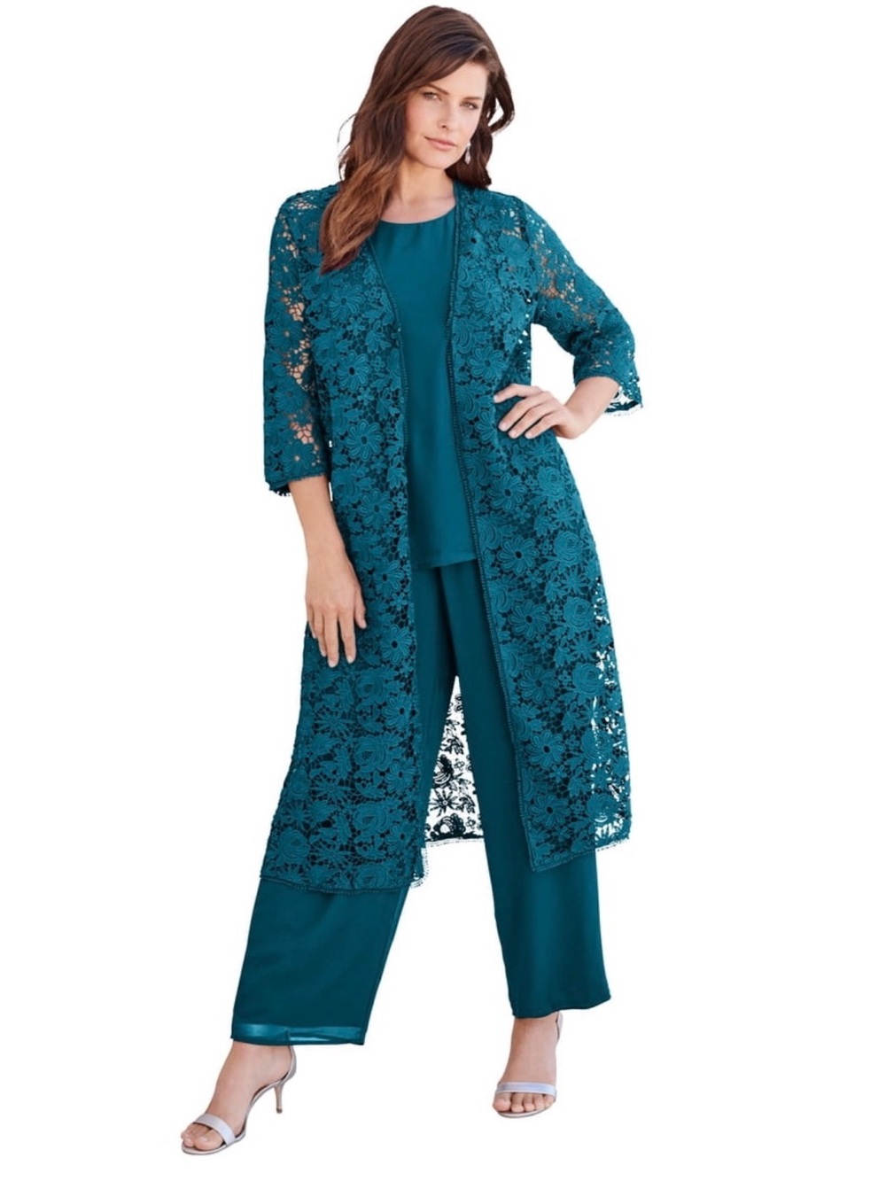 NWT Roaman's Teal Lace Duster with Wide-Leg Pants and Blouse Sz 38w Plus